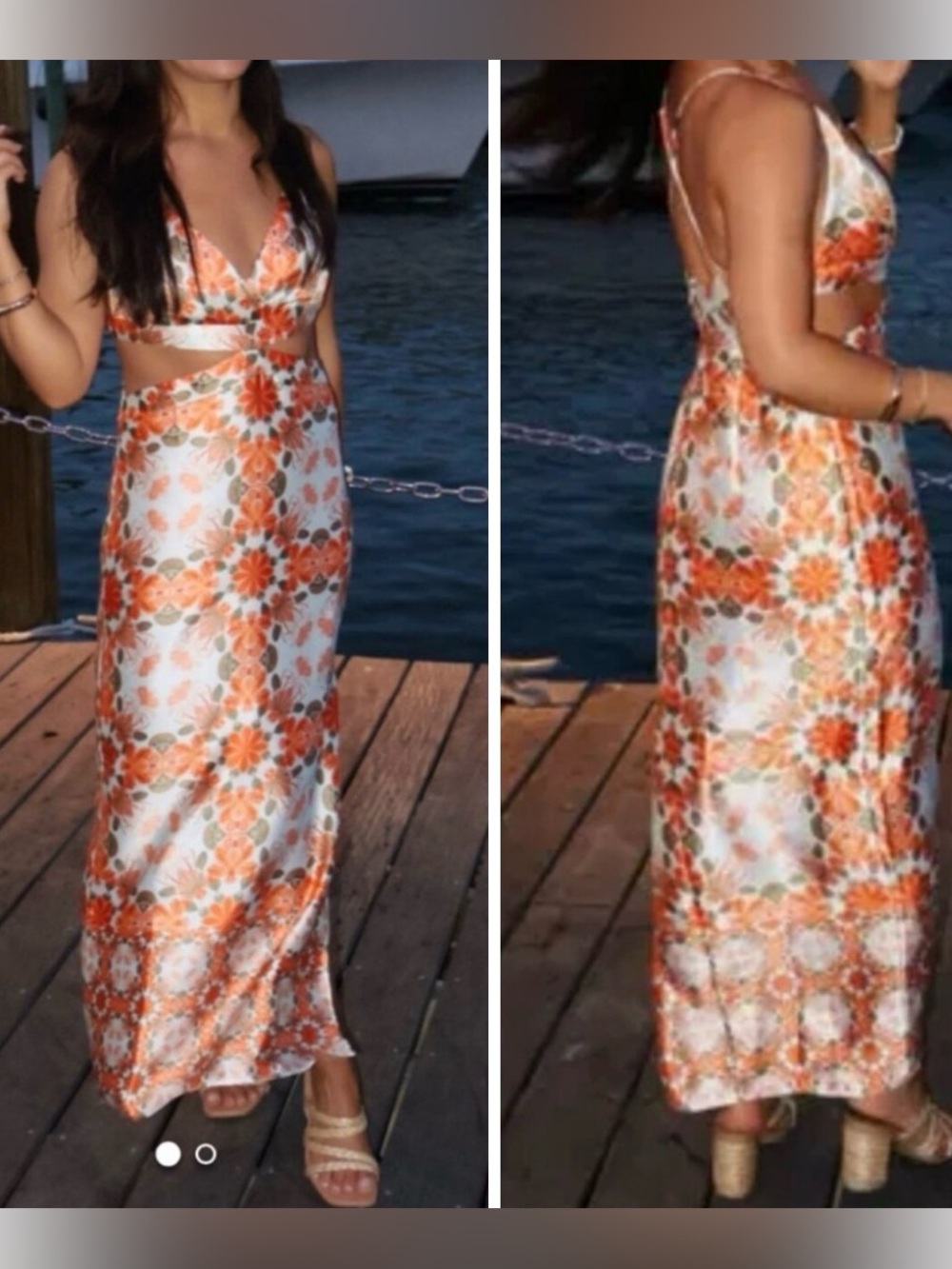 New House Of Harlow Orange Floral Satin Cutout Maxi Dress